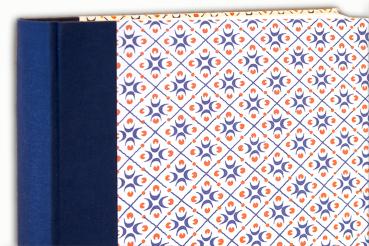 Photo album, linen spine blue, cover small geometric pattern, dots, diamonds blue, red